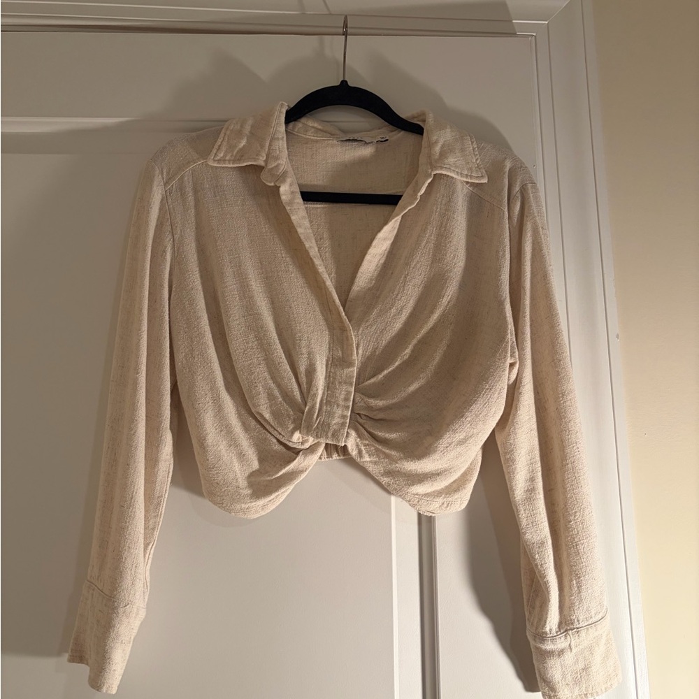 Lulu’s Seeking Chic Beige Long Sleeve Linen Crop Top Lush Medium - Picture 4 of 6